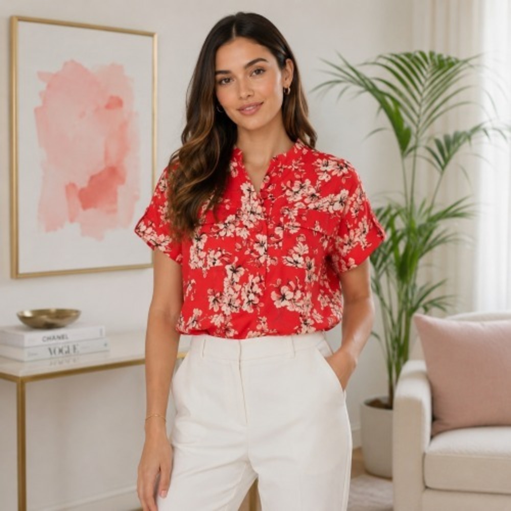 Karl Lagerfeld Paris Chic Floral Mandarin Collar Blouse Size S